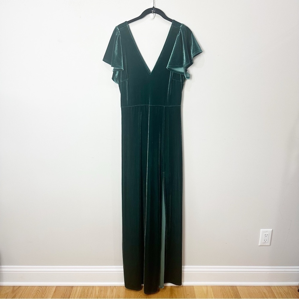 Birdy Grey Hannah Velvet Gown Dress Emerald Green Double V neck Flutter Sleeve - Picture 5 of 13